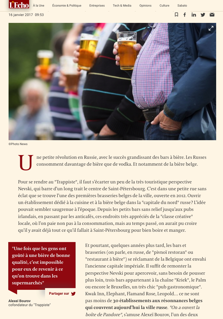 Page Internet. L|Echo. Les Russes adoptent la bière belge. 2017-01-16